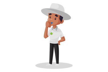 Vektör grafik çizimi. Kriket hakemi maç boyunca ıslık çalıyor. Tek tek beyaz arkaplanda.