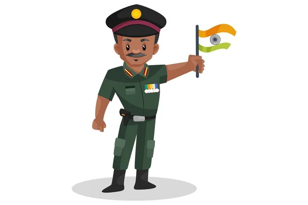 Ilustración Gráfica Vectorial Hombre Del Ejército Sostiene Una Bandera India — Vector de stock
