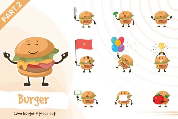 Cute Burger Poses Set Vector Illustration Isolated White Background — Stock Vector