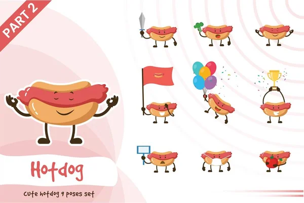 Cute Hotdog Poses Set Vector Illustration Isolated White Background — Stock Vector