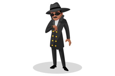 Vektör grafik çizimi. Dedektif kol saatinin saatine bakıyor. Tek tek beyaz arkaplanda.