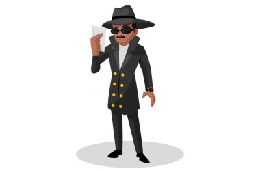 Vektör grafik çizimi. Dedektif elinde bir fotoğrafa bakıyor. Tek tek beyaz arkaplanda.