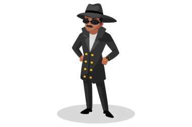 Vektör grafik çizimi. Dedektif siyah gözlük takarak şık duruyor. Tek tek beyaz arkaplanda.
