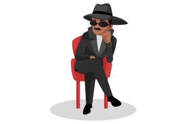 Vektör grafik çizimi. Dedektif sandalyede oturuyor ve bir şey düşünüyor. Tek tek beyaz arkaplanda.
