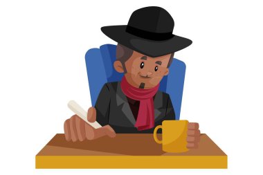 Vektör grafik çizimi. Don bir sandalyede oturuyor ve elinde bir fincan çay tutuyor. Tek tek beyaz arkaplanda.