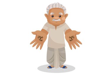 Vektör grafik çizimi. Çiftçi elinde tohumları gösteriyor. Beyaz arka planda tek başına.