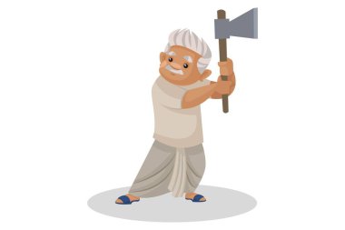 Vektör grafik çizimi. Çiftçi elinde balta tutuyor. Beyaz arka planda tek başına.