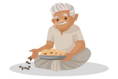 Vektör grafik çizimi. Çiftçi tahıl temizliyor. Beyaz arka planda tek başına.