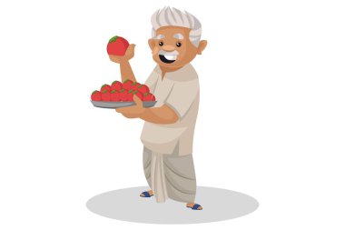 Vektör grafik çizimi. Çiftçi bir elinde domates, diğer elinde domates tabağı tutuyor. Beyaz arka planda tek başına.