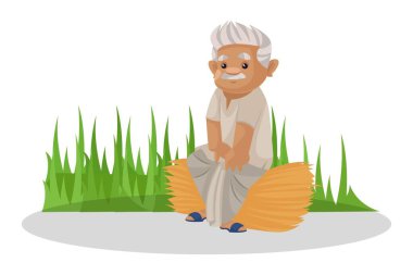 Vektör grafik çizimi. Çiftçi çiftlikteki çimlerin üzerinde oturuyor. Beyaz arka planda tek başına.