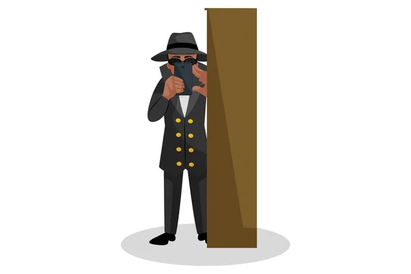 Ilustración Gráfica Vectorial Detective Está Pie Detrás Del Pilar Haciendo — Vector de stock