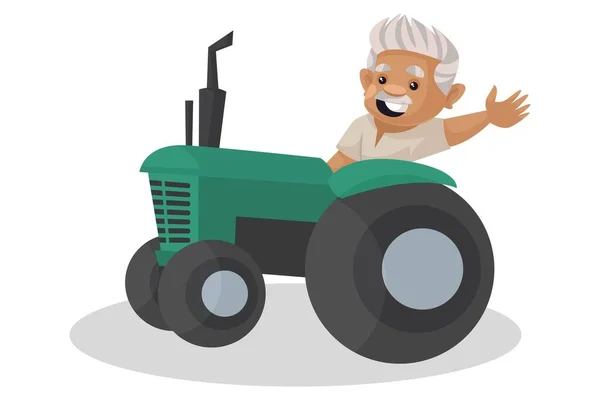 Vektor Grafisk Illustration Jordbrukaren Kör Traktor Och Viftar Med Handen — Stock vektor