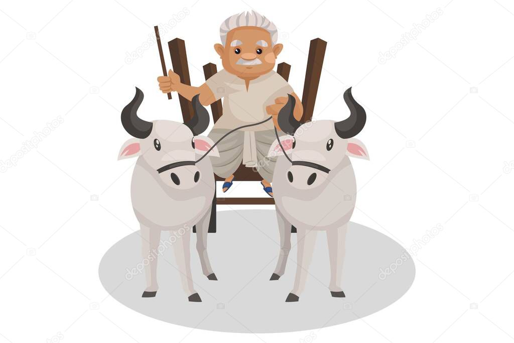 Vector graphic illustration. Farmer is riding a bullock cart. Individually on a white background.