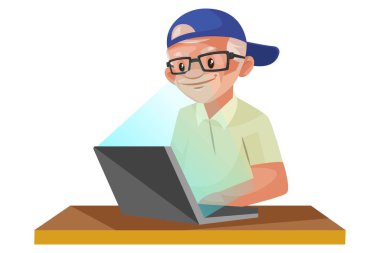 Vektör grafik çizimi. Film yönetmeni bir dizüstü bilgisayar üzerinde çalışıyor. Beyaz arka planda tek başına.