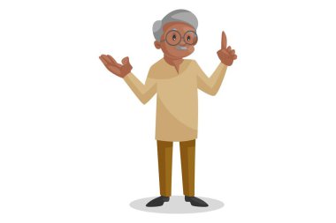 Vektör grafik çizimi. Yaşlı adam parmağıyla işaret ediyor. Tek tek beyaz arkaplanda.