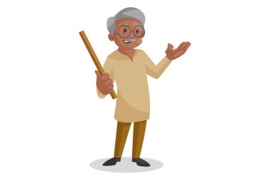 Vektör grafik çizimi. Yaşlı adam mutlu ve elinde bir sopa tutuyor. Tek tek beyaz arkaplanda.