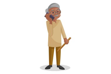 Vektör grafik çizimi. Yaşlı adam telefonda konuşuyordu. Tek tek beyaz arkaplanda.