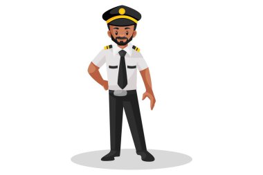 Vektör grafik çizimi. Pilot ayakta ve bir eli belinde. Beyaz arka planda tek başına.
