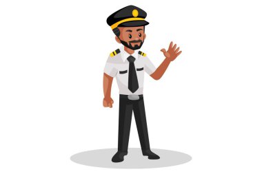 Vektör grafik çizimi. Pilot el sallıyor. Beyaz arka planda tek başına.