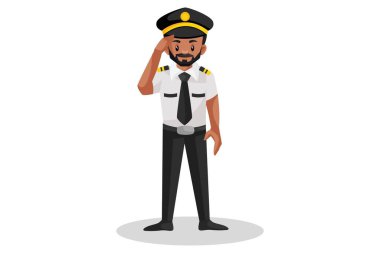 Vektör grafik çizimi. Pilot selamlama yapıyor. Beyaz arka planda tek başına.