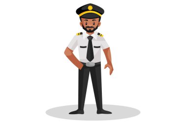 Vektör grafik çizimi. Pilot ayakta ve bir eli cebinde. Beyaz arka planda tek başına.