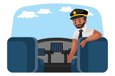 Vektör grafik çizimi. Pilot uçakta oturuyor ve arkasını kolluyor. Beyaz arka planda tek başına.