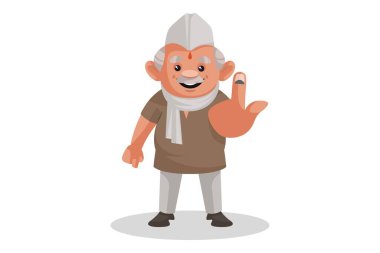 Vektör grafik çizimi. Politikacı parmağında bir oy işareti gösteriyor. Beyaz arka planda tek başına.