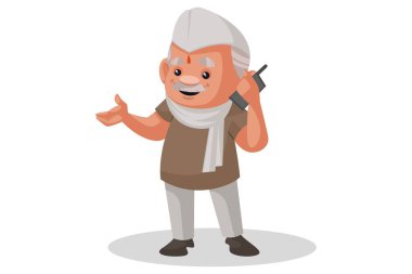 Vektör grafik çizimi. Politikacı cep telefonuyla konuşuyor. Beyaz arka planda tek başına.