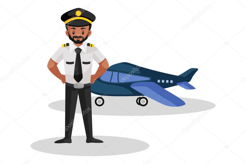 Vector graphic illustration. Pilot is standing in front of the plane. Individually on a white background.