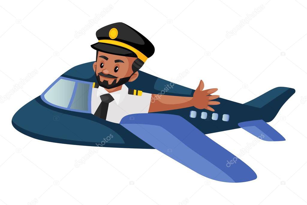 Vector graphic illustration. Pilot is flying an airplane and waving a hand. Individually on a white background.