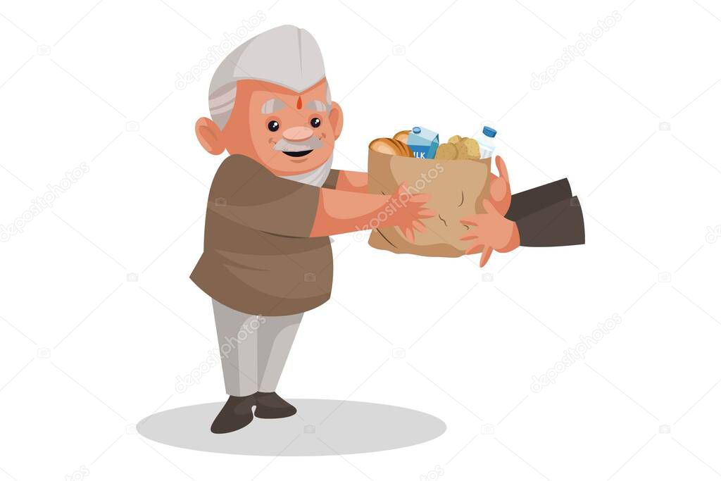 Vector graphic illustration. Politician is distributing food to people. Individually on a white background.