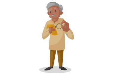 Vektör grafik çizimi. Yaşlı adam gözlüklerinin çerçevesini bir bezle temizliyor. Tek tek beyaz arkaplanda.