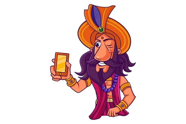 Illustrazione Del Cartone Animato Vettoriale Shakuni Sta Mostrando Telefono Isolato — Vettoriale Stock