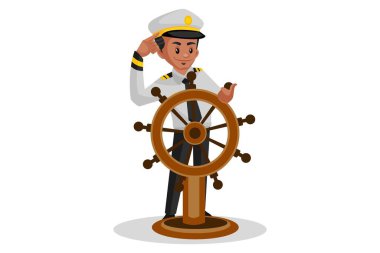 Vektör grafik çizimi. Denizci geminin direksiyonunu elinde tutuyor. Beyaz arka planda tek başına.