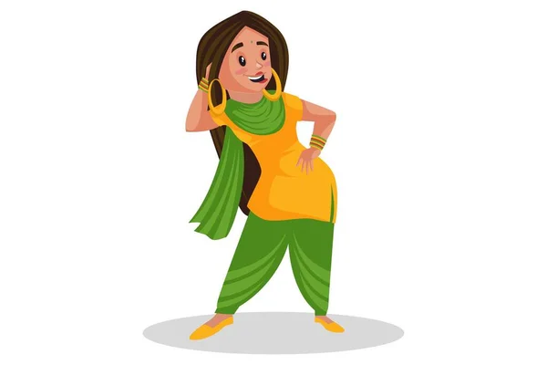 Ilustração Gráfica Vetorial Rapariga Punjabi Está Dançar Individualmente Sobre Fundo — Vetor de Stock