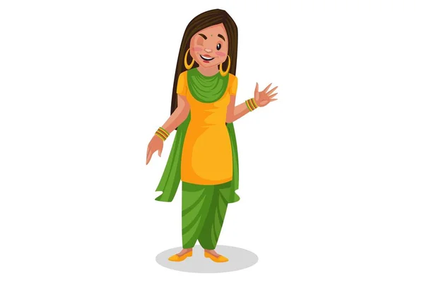 Vector Graphic Illustration Punjabi Girl Waving Hand Individually White Background — Stock Vector