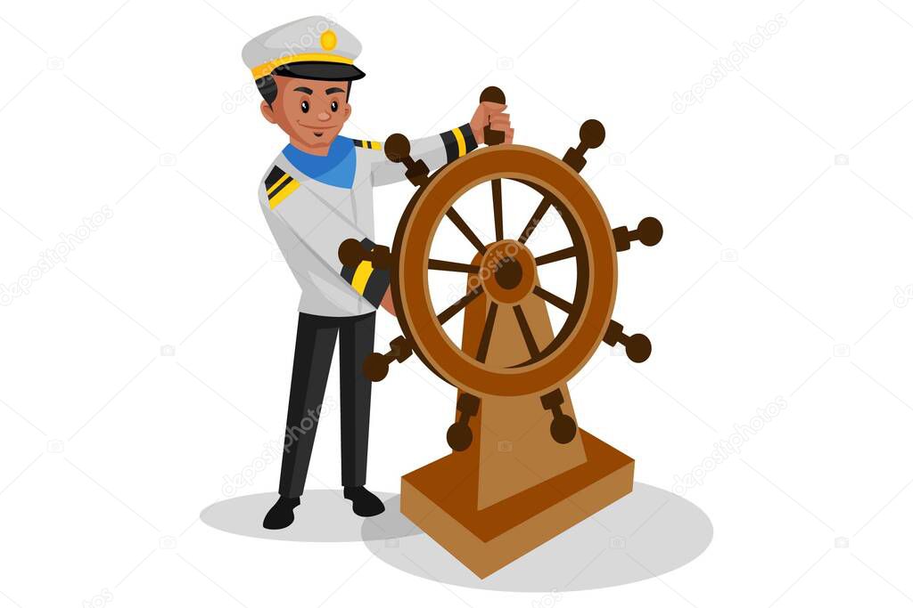 Vector graphic illustration. Sailor is holding the steering wheel of the boat. Individually on a white background.