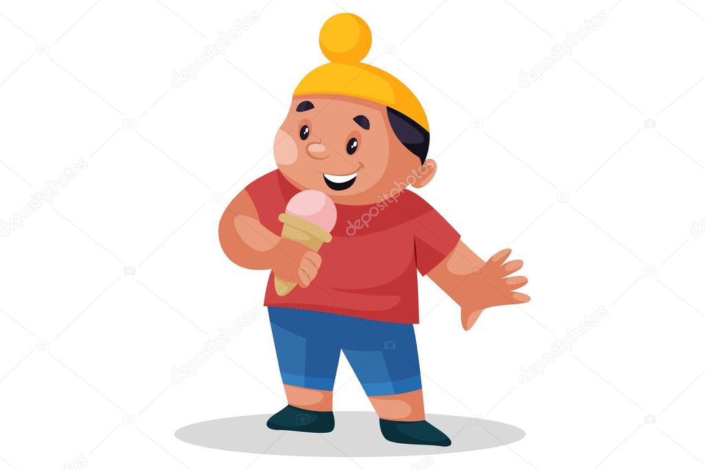 Vector graphic illustration. Punjabi boy is holding ice cream in hand. Individually on a white background.