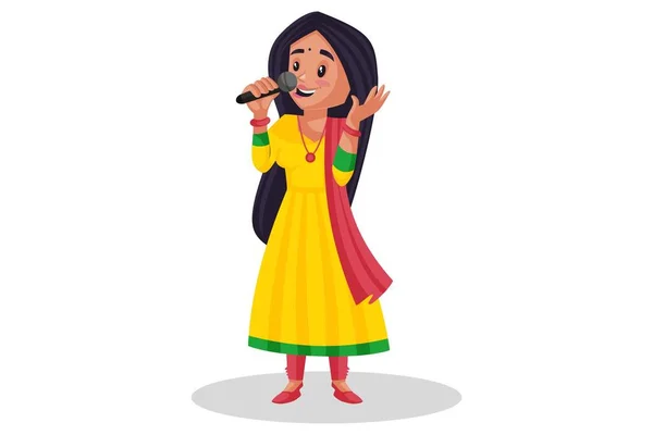 그래픽 일러스트 펀자브 소녀는 마이크를 무대에서 노래를 부릅니다 개인적으로 — 스톡 벡터