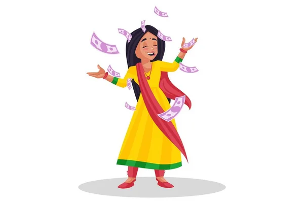 Векторная Графическая Иллюстрация Пенджабская Девочка Разбрасывает Деньги Воздухе Индивидуально Белом — стоковый вектор