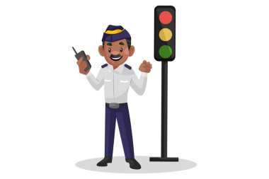 Vektör grafik çizimi. Trafik polisi elinde bir telsiz tutuyor ve trafik ışıklarının önünde duruyor. Tek tek beyaz arkaplanda.