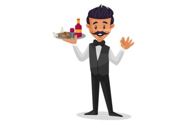 Vektör grafik çizimi. Garson bir elinde yemek ve şişe tabağı, diğer elinde de el sallıyor. Tek tek beyaz arkaplanda.