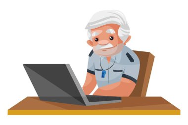 Vektör grafik çizimi. Bekçi bir dizüstü bilgisayar üzerinde çalışıyor. Beyaz arka planda tek başına.