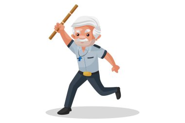 Vektör grafik çizimi. Bekçi elinde sopayla koşuyor. Beyaz arka planda tek başına.