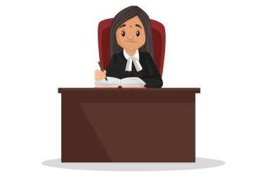 Vektör grafik çizimi. Kadın yargıç bir defter gösteriyor ve elinde bir kalem tutuyor. Tek tek beyaz arkaplanda.