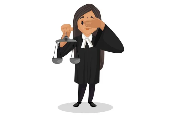 Vector graphic illustration. Female judge is holding scales and covering his eyes with a hand. Individually on white background.