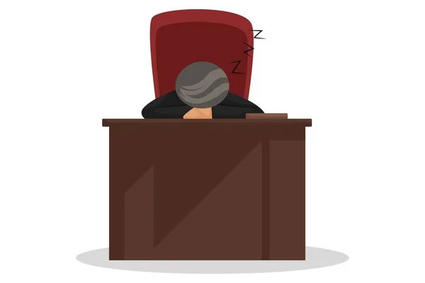 Vector graphic illustration. Female judge is sitting on a chair and sleeping on a table. Individually on white background.
