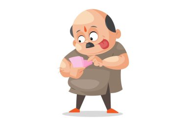 Vektör grafik çizimi. Dükkan sahibi para sayıyor. Beyaz arka planda tek başına.