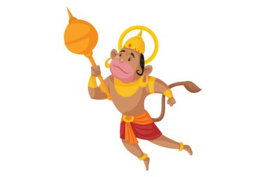 Vektör grafik çizimi. Lord Hanuman elinde bir topuz tutuyor ve uçuyor. Beyaz arka planda tek başına.