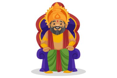 Vektör karikatür çizimi. Kral Dashratha tahtta oturuyor. Beyaz bir arkaplanda izole edilmiş.